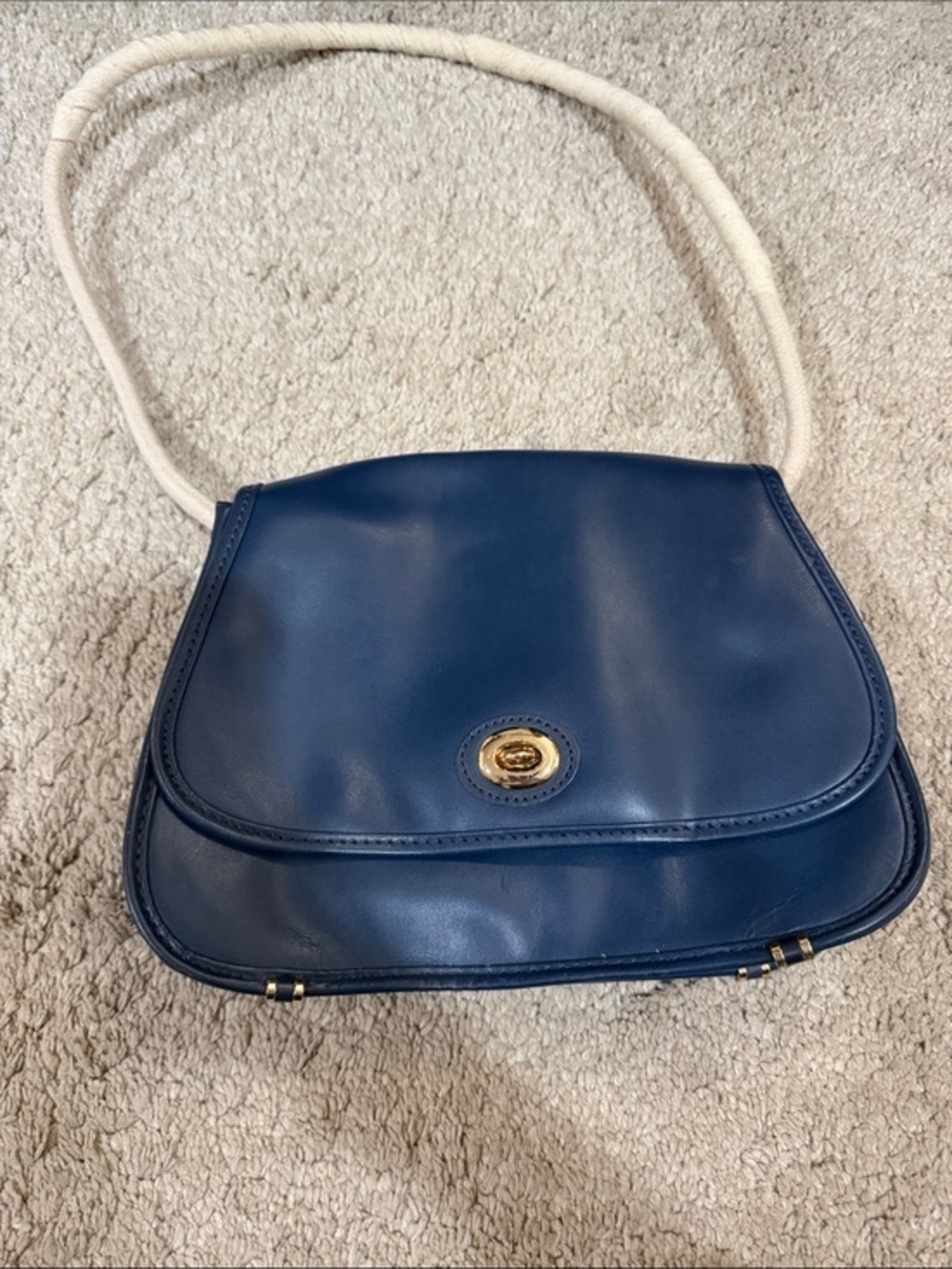 Vintage LL Bean navy  100 percent leather gold details hand bag with rope strap